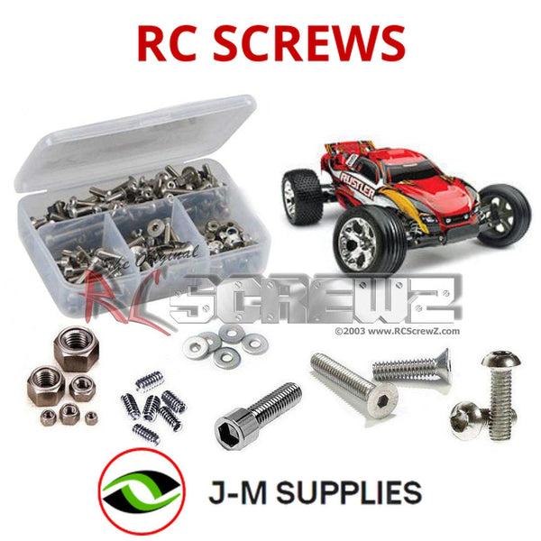 Representative image of an RCScrewZ stainless steel screw kit for Traxxas Rustler 1/10 Electric 2WD Stadium Truck; exact kit contents vary by RC model.