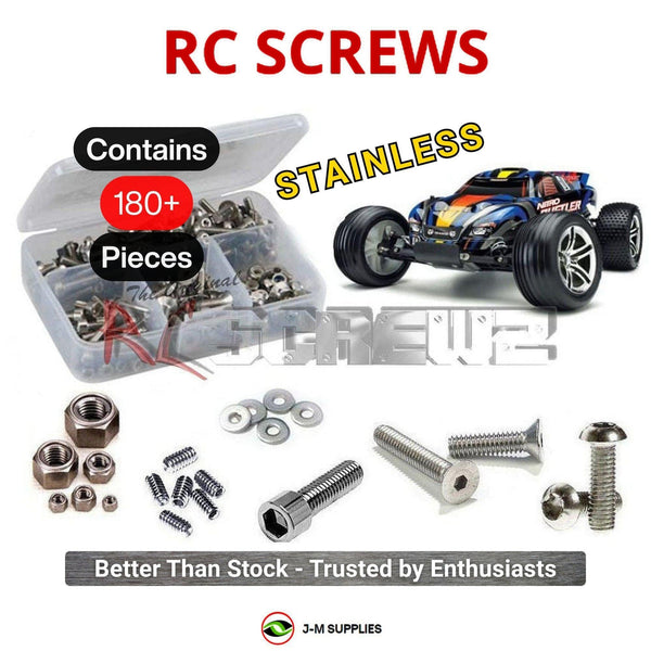 Representative image of an RCScrewZ stainless steel screw kit for Traxxas Nitro Rustler 2.5 1/10 Nitro 2WD Truck (44096-3); exact kit contents vary by RC model.