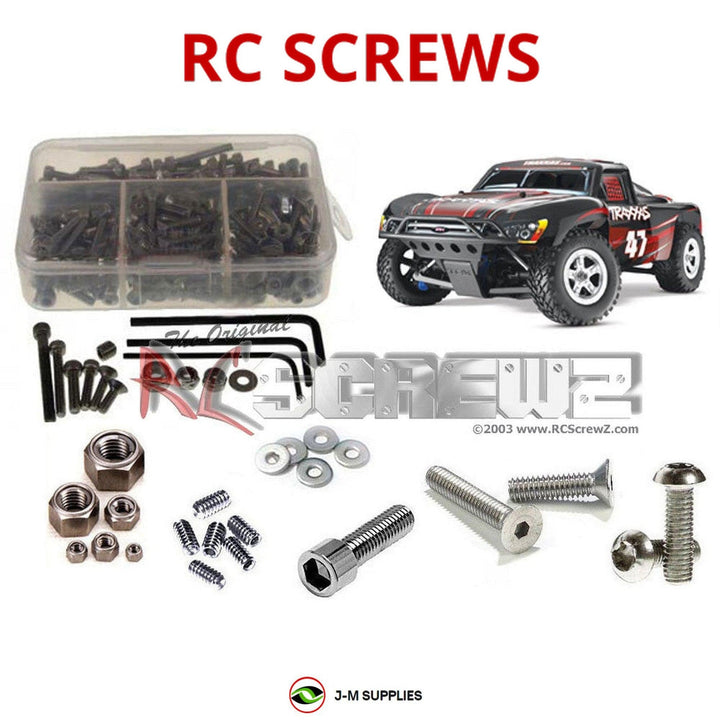 Representative image of an RCScrewZ stainless steel screw kit for Traxxas Slayer C.O.R.R. 1/10 Nitro 4WD SCT (5907, 5908); exact kit contents vary by RC model.