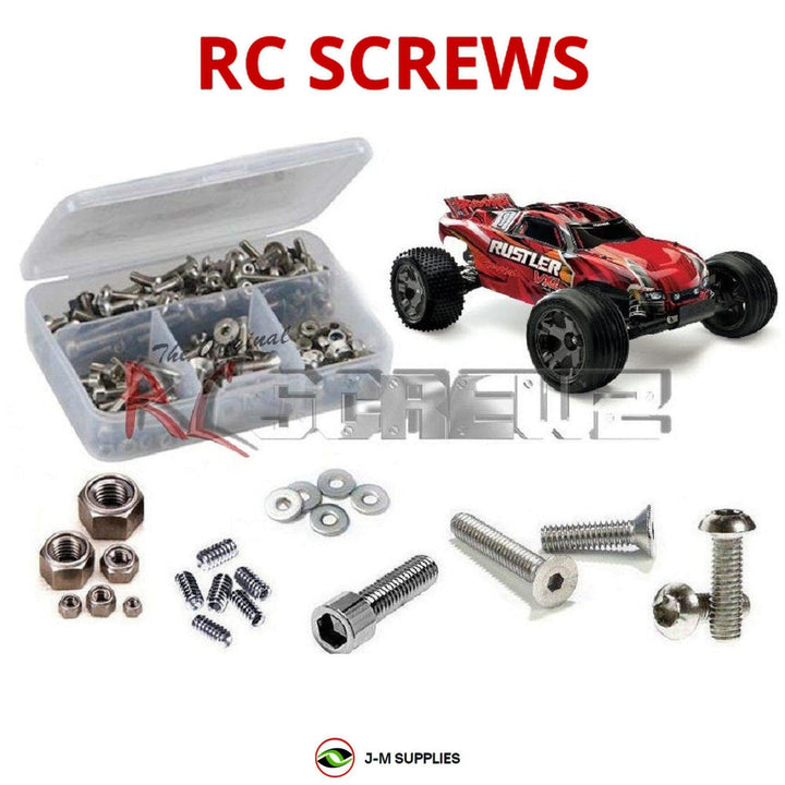 Representative image of an RCScrewZ stainless steel screw kit for Traxxas Rustler VXL TSM 1/10 Electric 2WD Truck (67076-3); exact kit contents vary by RC model.
