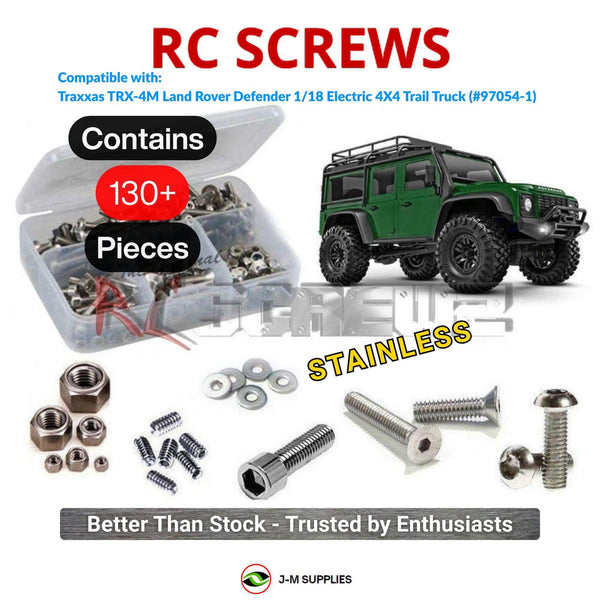 Representative image of an RCScrewZ stainless steel screw kit for Traxxas TRX-4M Defender 1/18 4WD Crawler (97054-1); exact kit contents vary by RC model.