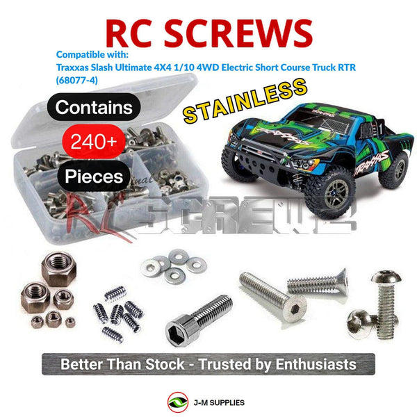 Representative image of an RCScrewZ stainless steel screw kit for Traxxas Slash 4X4 Ultimate 1/10 4WD SCT (68077-4); exact kit contents vary by RC model.