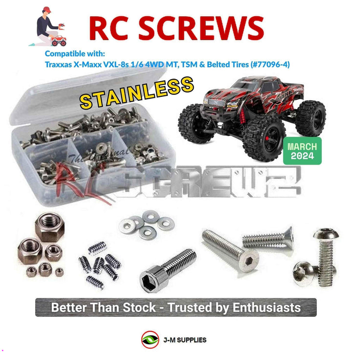 Representative image of an RCScrewZ stainless steel screw kit for Traxxas X-Maxx 8S Belted 1/6 MT (77096-4); exact kit contents vary by RC model.