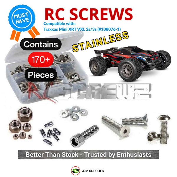 Representative image of an RCScrewZ stainless steel screw kit for Traxxas Mini XRT VXL-3S 4WD Monster Truck (108076-1); exact kit contents vary by RC model.