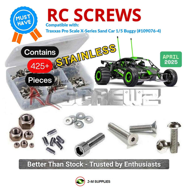 Representative image of an RCScrewZ stainless steel screw kit for Traxxas X-Series Sand Car 1/5 2WD Sand Rail (109076-4); exact kit contents vary by RC model.