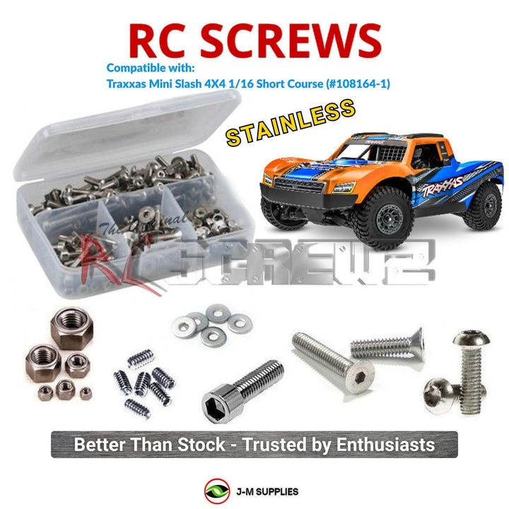 Representative image of an RCScrewZ stainless steel screw kit for Traxxas Mini Slash 4X4 BL-2S 1/16 SCT (108164-1); exact kit contents vary by RC model.