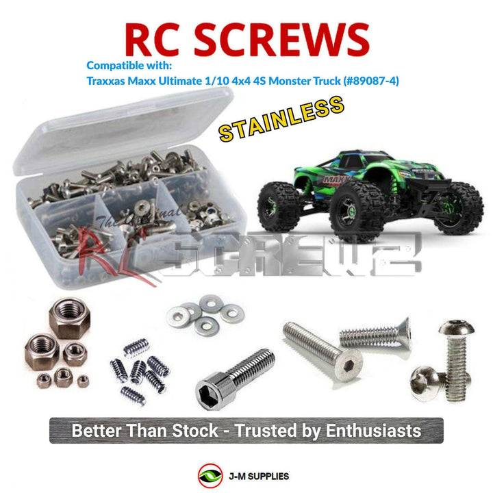 Representative image of an RCScrewZ stainless steel screw kit for Traxxas Maxx Ultimate VXL-4S 1/10 4WD MT (89087-4); exact kit contents vary by RC model.