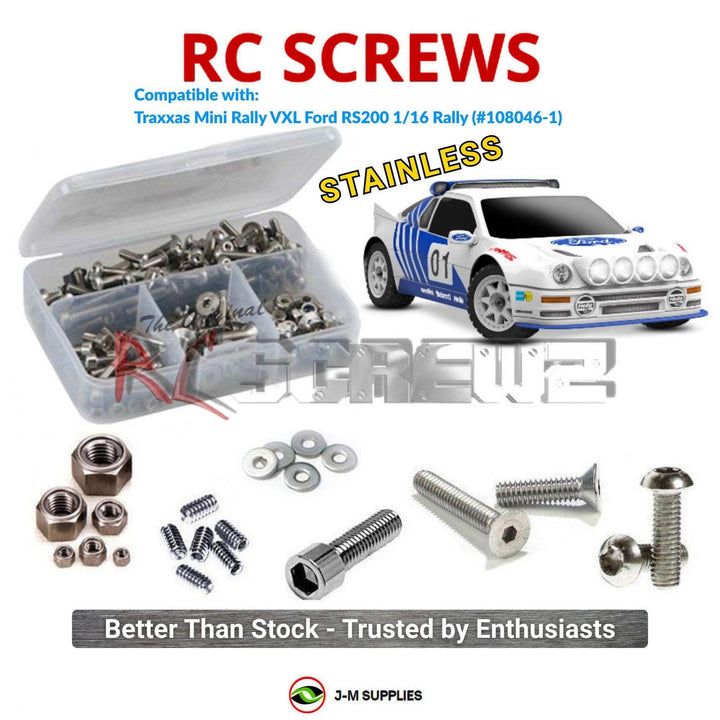 Representative image of an RCScrewZ stainless steel screw kit for Traxxas Mini Rally VXL Ford RS200 1/16 AWD (108046-1); exact kit contents vary by RC model.