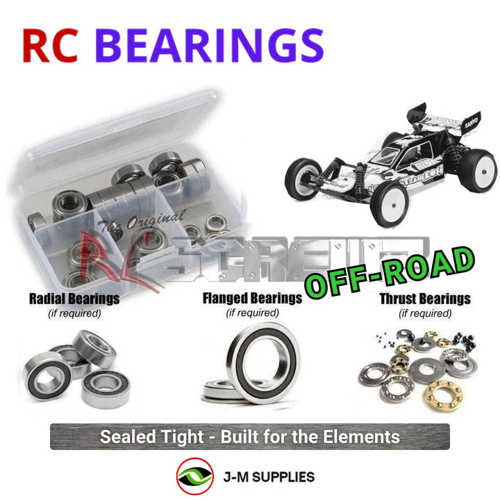 Representative image of an RCScrewZ rubber-sealed bearing kit for Team Losi XX CR Kinwald 1/10 Electric 2WD Buggy (LOSA0027); exact bearing sizes and quantities vary by RC model.