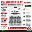 What is included in a RCScrewZ metal shielded RC bearing kit with model-specific bearings extras and storage case