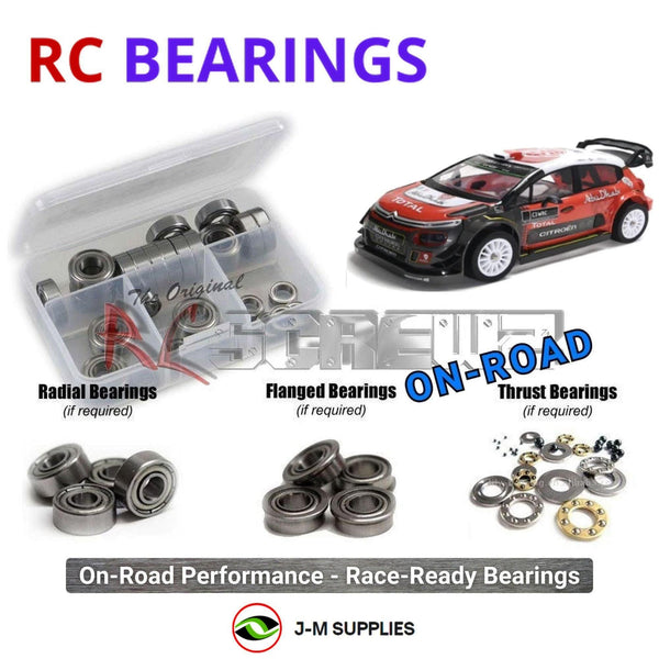 Representative image of an RCScrewZ metal-shielded bearing kit for MJX Hyper Go Citroen C3 WRC 1/10 4WD Electric Rally Car (#10303); exact bearing sizes and quantities vary by RC model.