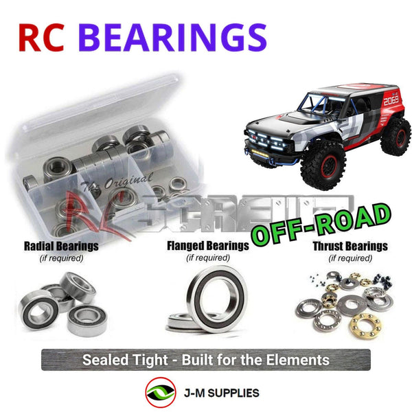 Representative image of an RCScrewZ rubber-sealed bearing kit for MJX Hyper Go H8P Ford Bronco R Baja 1000 1/8 4WD Electric Crawler; exact bearing sizes and quantities vary by RC model.