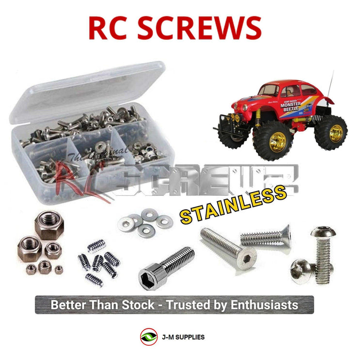 Representative image of an RCScrewZ stainless steel screw kit for Tamiya Monster Beetle 1/10 Electric 2WD Truck (58060); exact kit contents vary by RC model.