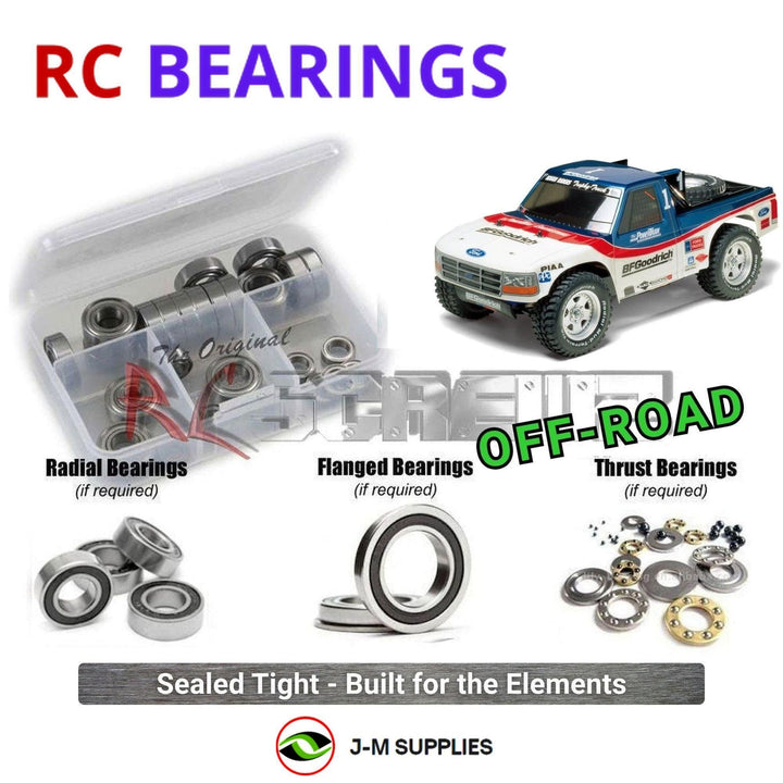 Representative image of an RCScrewZ rubber-sealed bearing kit for Tamiya Ford F-150 Baja 1/10 Electric 4WD Truck (58495); exact bearing sizes and quantities vary by RC model.