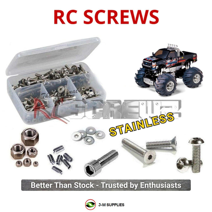 Representative image of an RCScrewZ stainless steel screw kit for Tamiya Juggernaut 1/10 Electric 4WD Monster Truck (58232); exact kit contents vary by RC model.