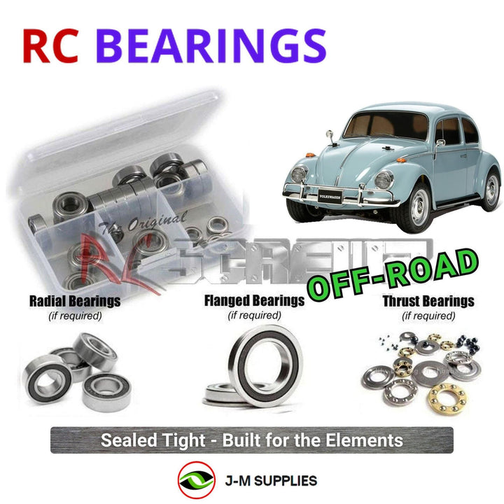 Representative image of an RCScrewZ rubber-sealed bearing kit for Tamiya Volkswagen Beetle M-06 1/10 Electric 2WD Car (58572); exact bearing sizes and quantities vary by RC model.