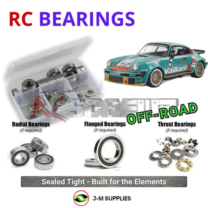 Representative image of an RCScrewZ rubber-sealed bearing kit for Tamiya Porsche 934 (1976) 50th Anniversary 1/10 RWD Car (47524); exact bearing sizes and quantities vary by RC model.