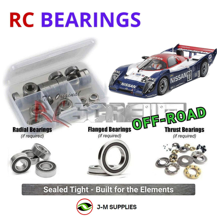 Representative image of an RCScrewZ rubber-sealed bearing kit for Tamiya NISSAN R91CP 1/10 Electric 2WD Racing Car (47531); exact bearing sizes and quantities vary by RC model.