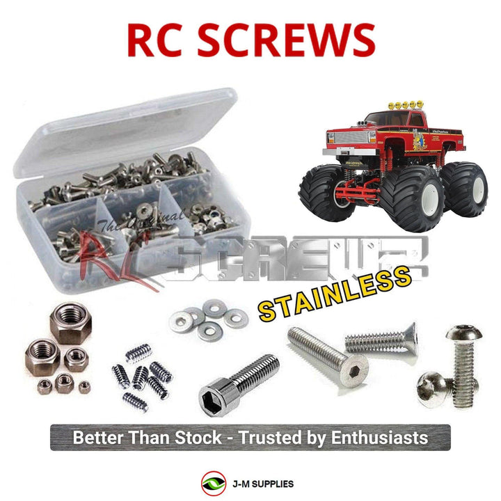 Representative image of an RCScrewZ stainless steel screw kit for Tamiya Clod Buster 2026 1/10 Electric 4WD 4WS Truck (58762); exact kit contents vary by RC model.