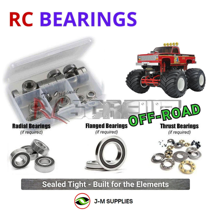 Representative image of an RCScrewZ rubber-sealed bearing kit for Tamiya Clod Buster 2026 1/10 Electric 4WD 4WS Truck (58762); exact bearing sizes and quantities vary by RC model.