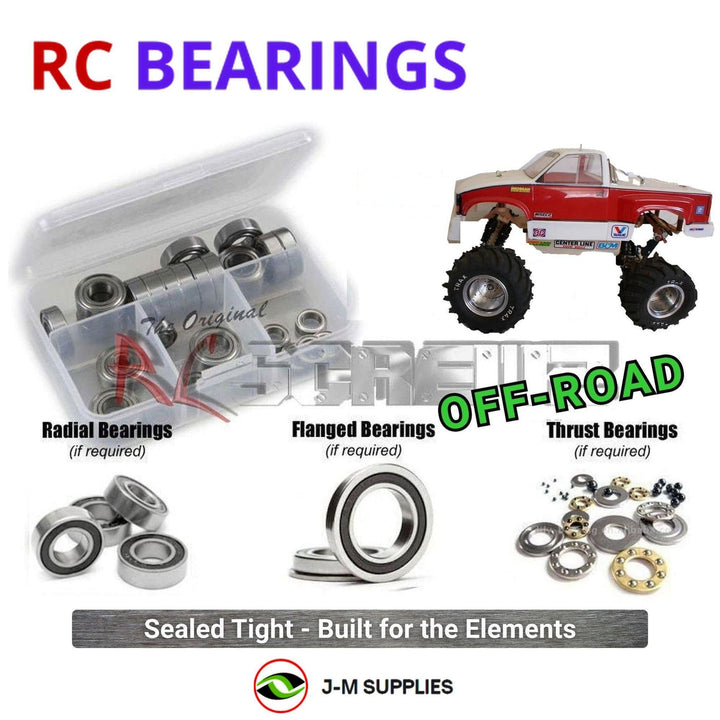 Representative image of an RCScrewZ rubber-sealed bearing kit for Traxxas Sledgehammer 1/10 Electric 2WD Monster Truck (1802, 1806); exact bearing sizes and quantities vary by RC model.