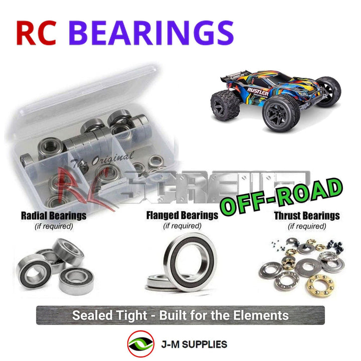 Representative image of an RCScrewZ rubber-sealed bearing kit for Traxxas Rustler 2WD Brushless 1/10 Electric ST (37454-4); exact bearing sizes and quantities vary by RC model.