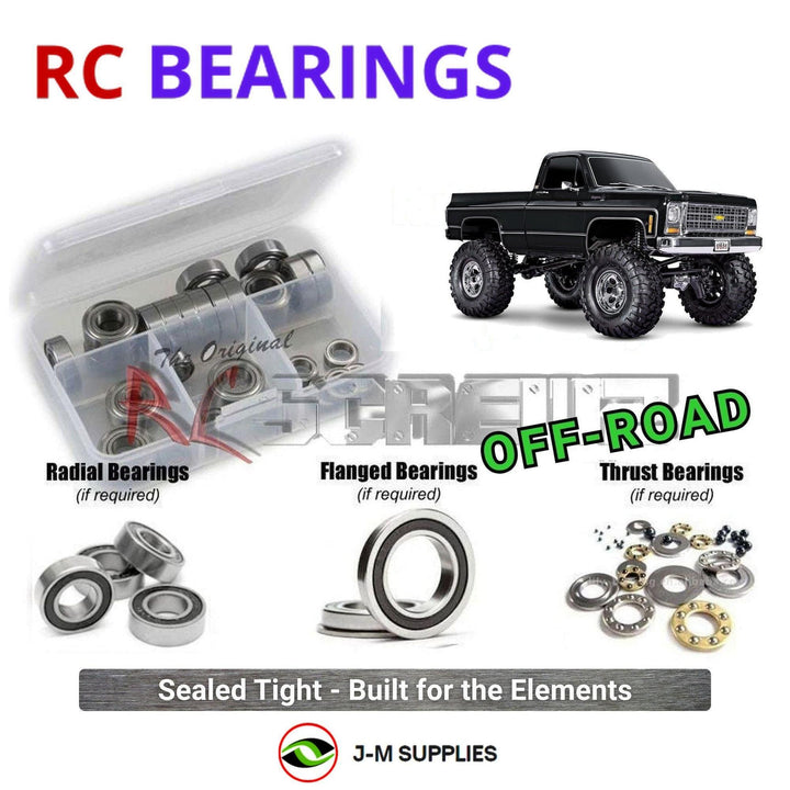 Representative image of an RCScrewZ rubber-sealed bearing kit for Traxxas TRX-4 K10 High Trail 1/10 Electric 4WD (92056-4); exact bearing sizes and quantities vary by RC model.