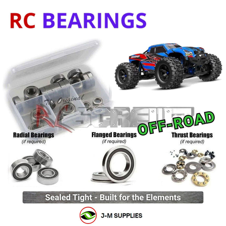 Representative image of an RCScrewZ rubber-sealed bearing kit for Traxxas X-Maxx Ultimate 1/6 Electric 4WD MT (77097-4); exact bearing sizes and quantities vary by RC model.