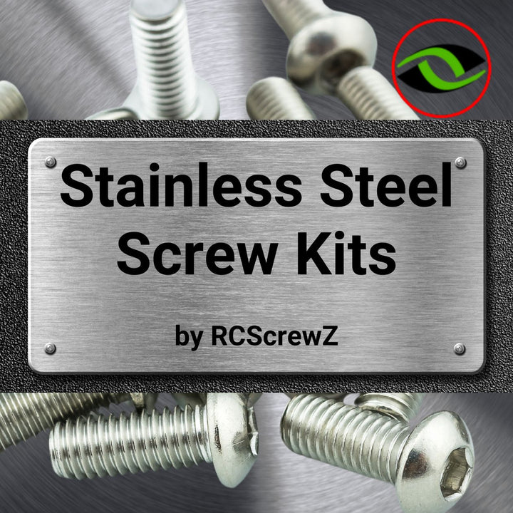 Illustration of assorted screw heads with the words Stainless Steel Screw Kits by RCScrewZ; not an exact kit contents photo.