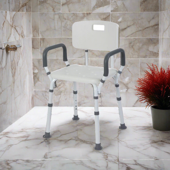 J-M SUPPLIES - Rhythm Healthcare Portable Bath Seat & Shower Chair, White, with Backrest, Padded Arms, Aluminum - B2250WH