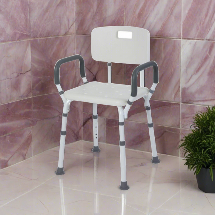 J-M SUPPLIES - Rhythm Healthcare Portable Bath Seat & Shower Chair, White, with Backrest, Padded Arms, Aluminum - B2250WH