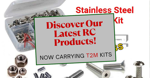 T2M RC parts launch — model-specific stainless screw kits and bearing kits at J-M SUPPLIES.