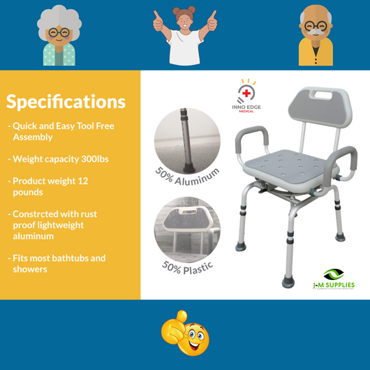 J-M SUPPLIES - InnoEdge Medical Swivel Shower Chair - 360° Rotating, Adjustable, Padded, Aluminum, Mobility 300 lbs. - IN-SWVL21