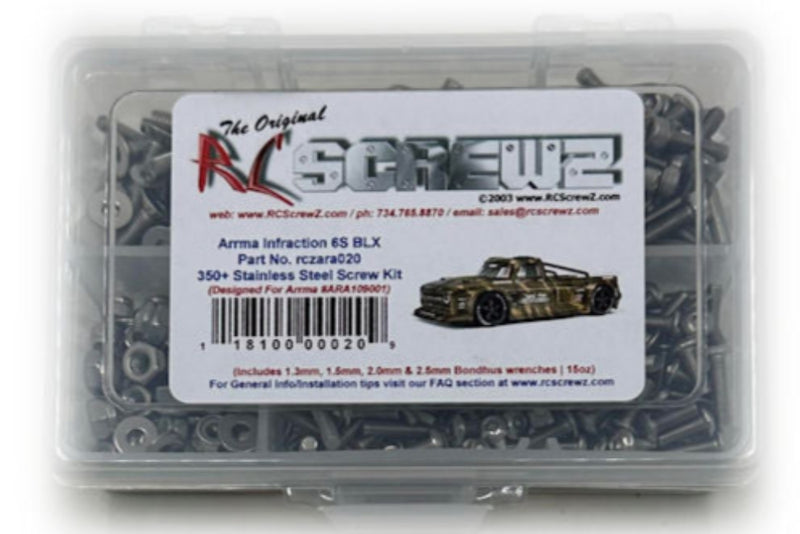 Clear plastic container with RC Screwz screw kit on a white background