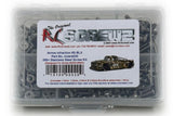 Clear plastic container with RC Screwz screw kit on a white background