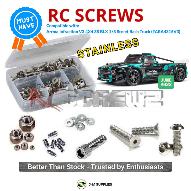 RCScrewZ Stainless Steel Screw Kit ara048 for ARRMA Infraction 3S BLX V3 1/8 Electric 4WD Brushless All-Road Street Bash Truck (ARA4315V3, 4315V3) | SET