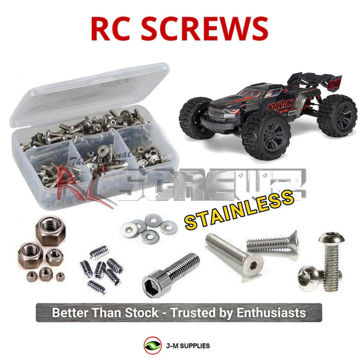 Representative image of an RCScrewZ stainless steel screw kit for ARRMA Kraton 6S EXB 1/8 4WD Monster Truck (ARA8708V6); exact kit contents vary by RC model.