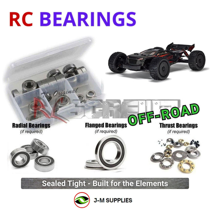 Representative image of an RCScrewZ rubber-sealed bearing kit for ARRMA Talion 6S EXB 1/7 4WD Speed Truggy (ARA7707V6); exact bearing sizes and quantities vary by RC model.
