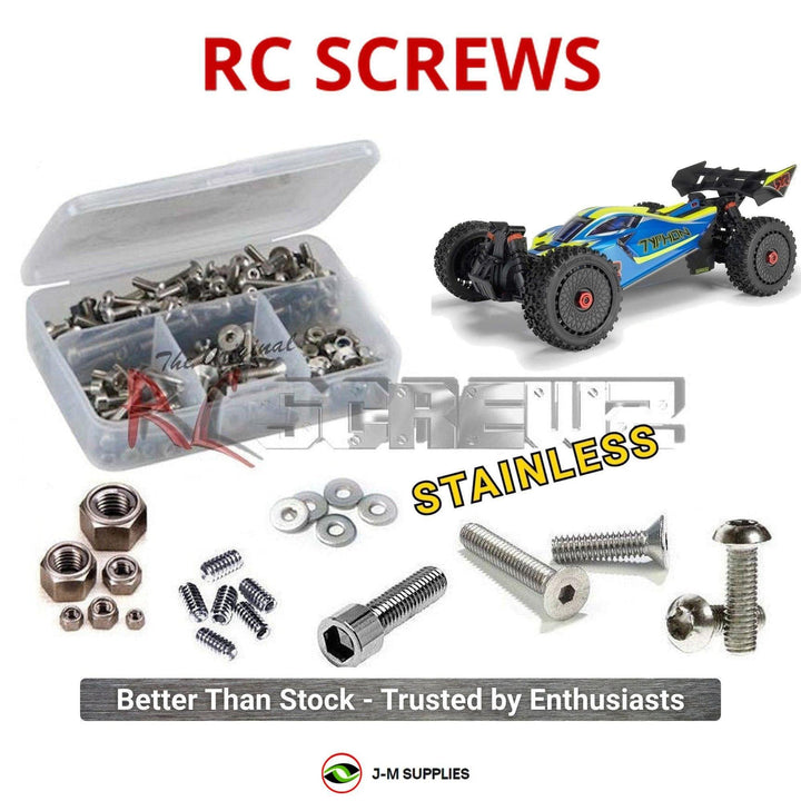 Representative image of an RCScrewZ stainless steel screw kit for ARRMA TYPHON MEGA 665 1/8 4WD Buggy (ARA4206V4); exact kit contents vary by RC model.
