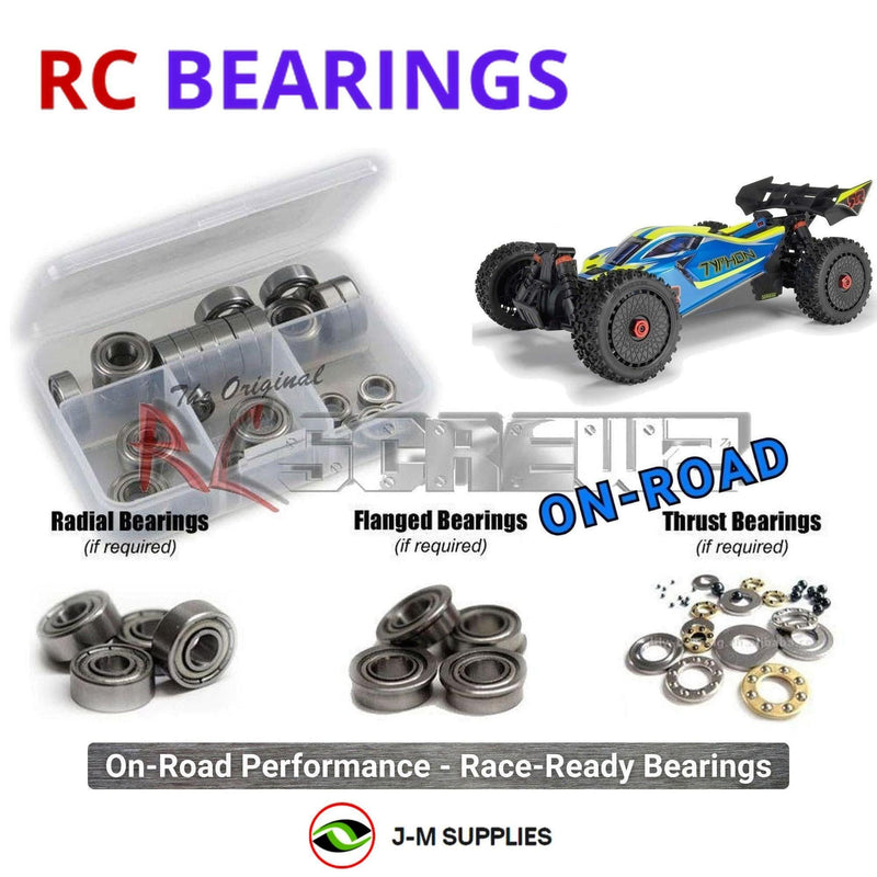 Representative image of an RCScrewZ metal-shielded bearing kit for ARRMA TYPHON MEGA 665 1/8 4WD Buggy (ARA4206V4); exact bearing sizes and quantities vary by RC model.