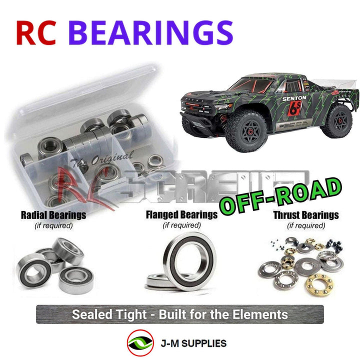 Representative image of an RCScrewZ rubber-sealed bearing kit for ARRMA SENTON 6S BLX 1/10 Electric 4WD SCT (ARAD83LG, AR102673); exact bearing sizes and quantities vary by RC model.