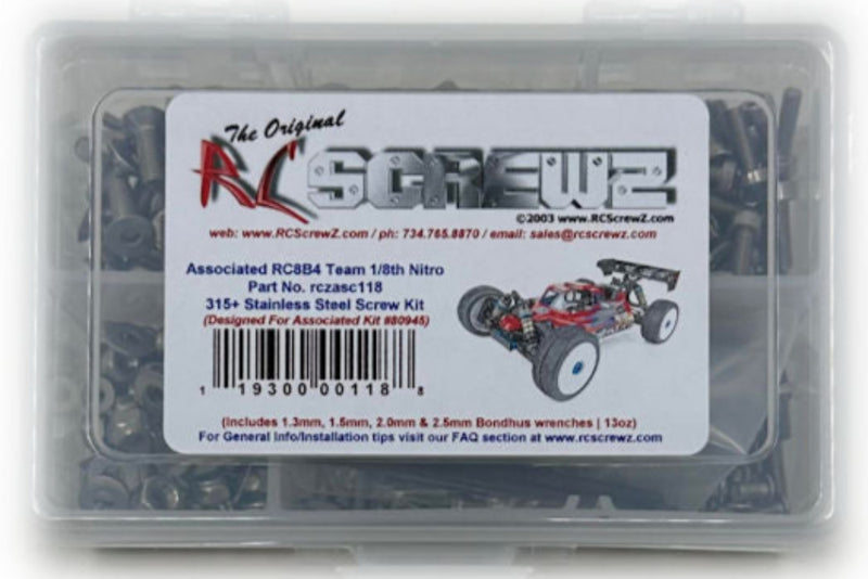 RCScrewZ Stainless Steel Screw Kit asc118 for Team Associated RC8B4 Team Kit 1/8 Nitro 4WD Off-Road Buggy (#80945) | SET