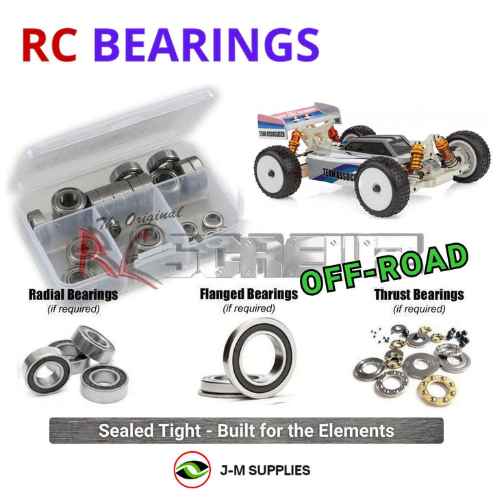 Representative image of an RCScrewZ rubber-sealed bearing kit for Team Associated Reflex 14B 1/14 4WD Buggy (20193, ASC20193); exact bearing sizes and quantities vary by RC model.