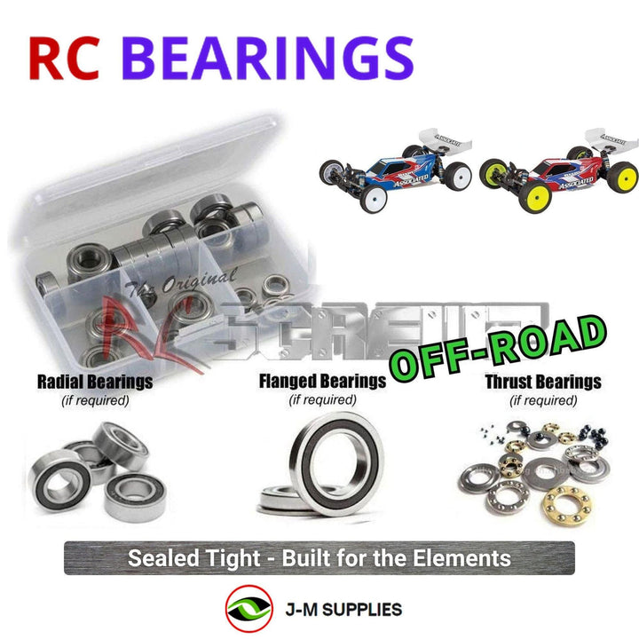 Representative image of an RCScrewZ rubber-sealed bearing kit for Team Associated RC10B7.1/B7.1D 1/10 2WD Buggy (90046, 90047); exact bearing sizes and quantities vary by RC model.