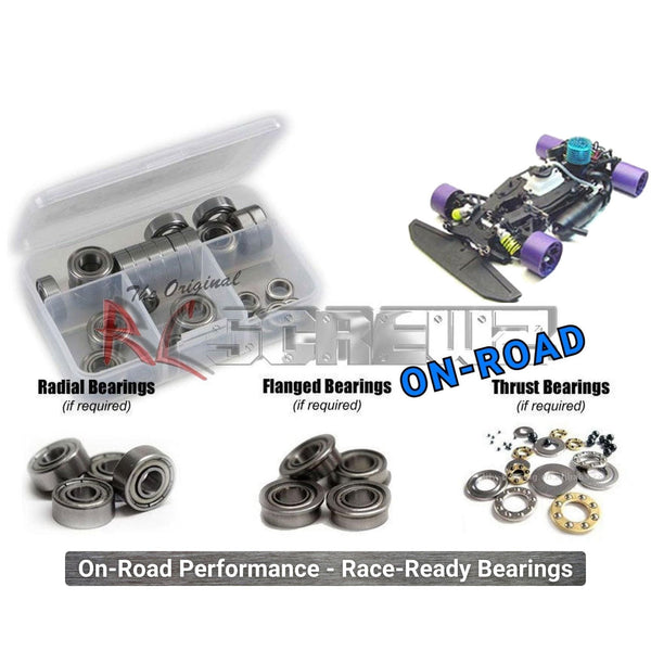 Representative image of an RCScrewZ metal-shielded bearing kit for CRC Maddog 1/8th Nitro Onroad; exact bearing sizes and quantities vary by RC model.