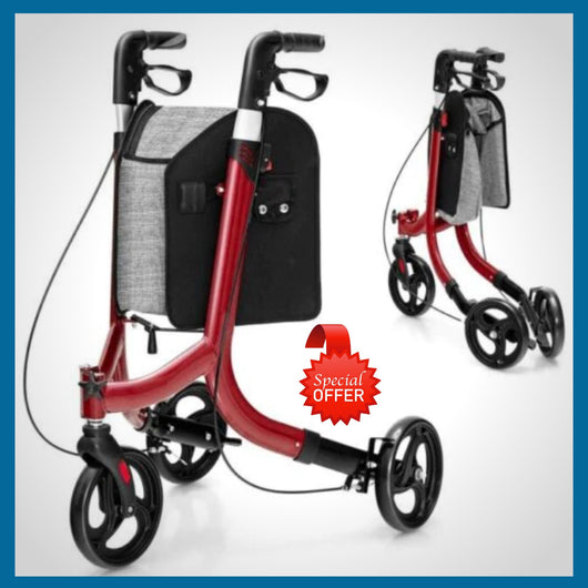 J-M SUPPLIES - InnoEdge Medical Deluxe Euro Style - 3 Wheel Rollator Walker, Lightweight, Foldable, Aluminum, Red - IN3WDLX