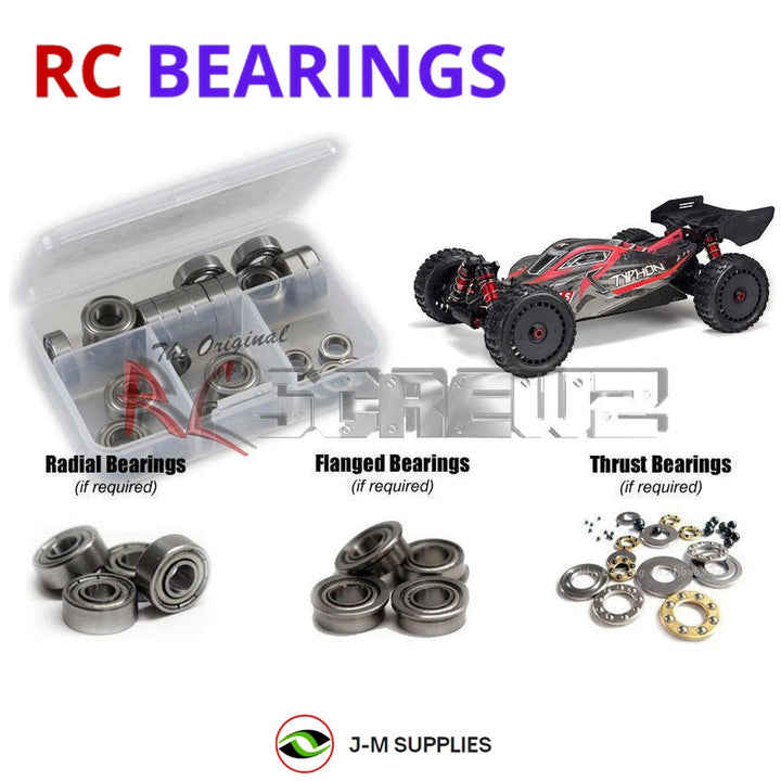 Representative image of an RCScrewZ metal-shielded bearing kit for ARRMA TYPHON 6S BLX V5 1/8 Electric 4WD Buggy (ARA8606V5); exact bearing sizes and quantities vary by RC model.