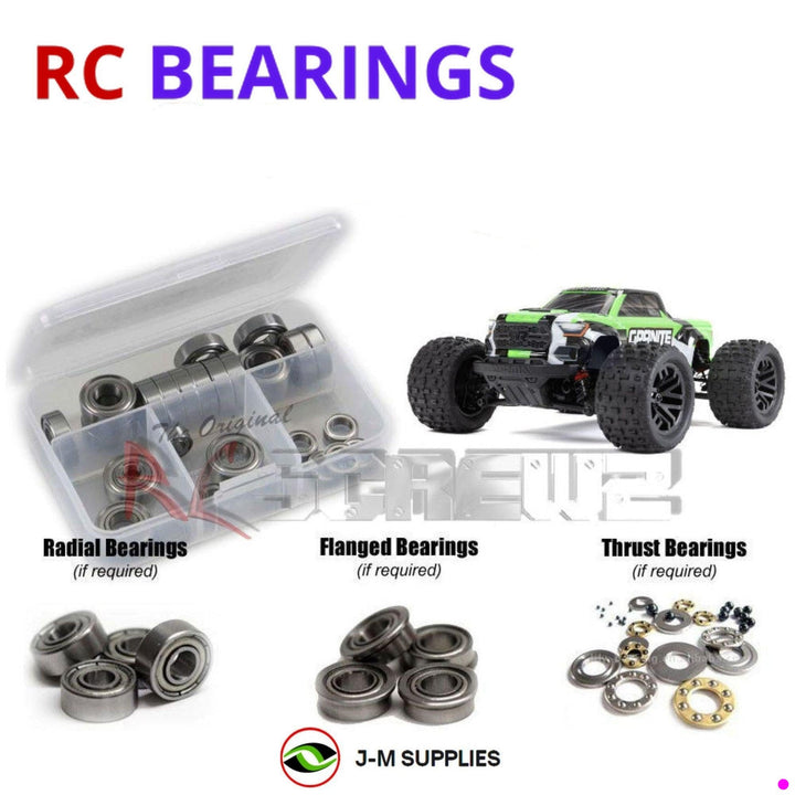 Representative image of an RCScrewZ metal-shielded bearing kit for ARRMA GRANITE GROM 1/18 4WD MT (ARA2102); exact bearing sizes and quantities vary by RC model.