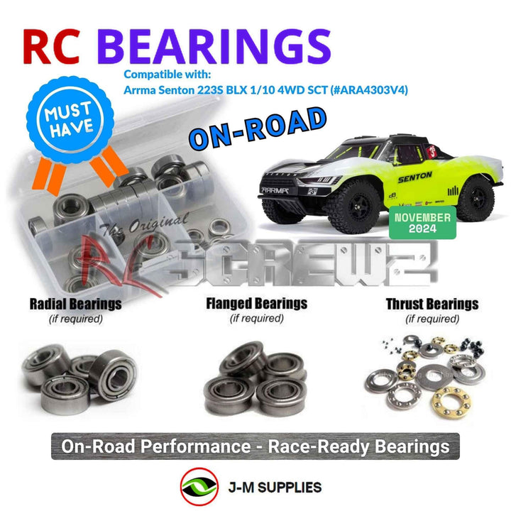 Representative image of an RCScrewZ metal-shielded bearing kit for ARRMA SENTON 223S BLX 1/10 4WD SCT (ARA4303V4); exact bearing sizes and quantities vary by RC model.