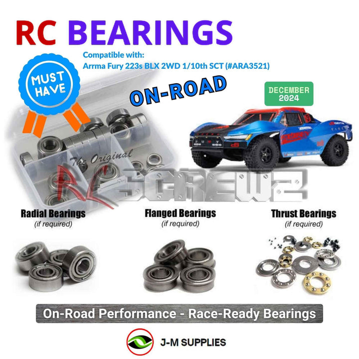 Representative image of an RCScrewZ metal-shielded bearing kit for ARRMA FURY 223S BLX 1/10 2WD SCT (ARA3521); exact bearing sizes and quantities vary by RC model.
